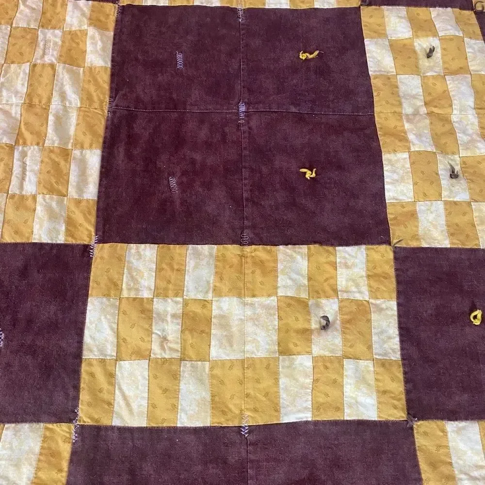 Vintage brown and Mustard Patchwork Quilt - Checkerboard Design 44” x 57”